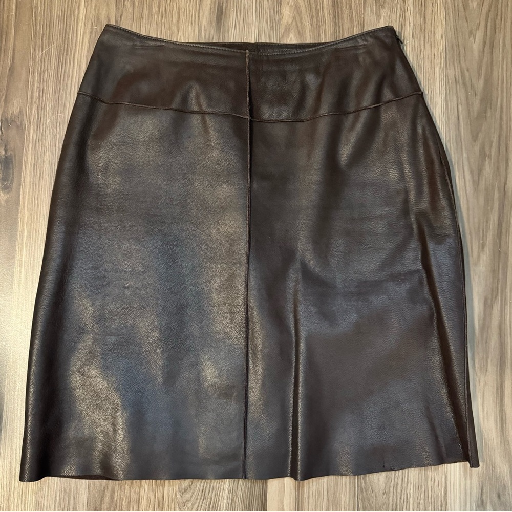 Leather Chocolate Brown Vintage Soft Textured Lined Side Zip Skirt 8